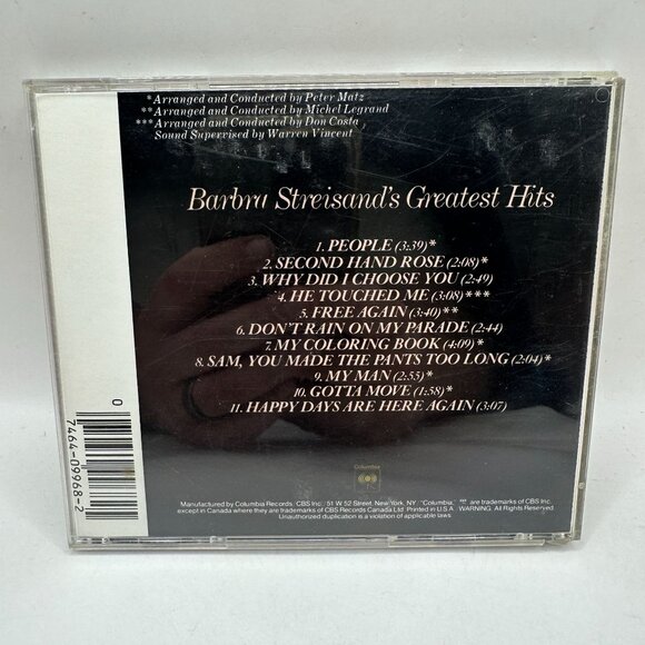 Barbra Streisands Greatest Hits CD Album Columbia Records CK9968 - Picture 2 of 3